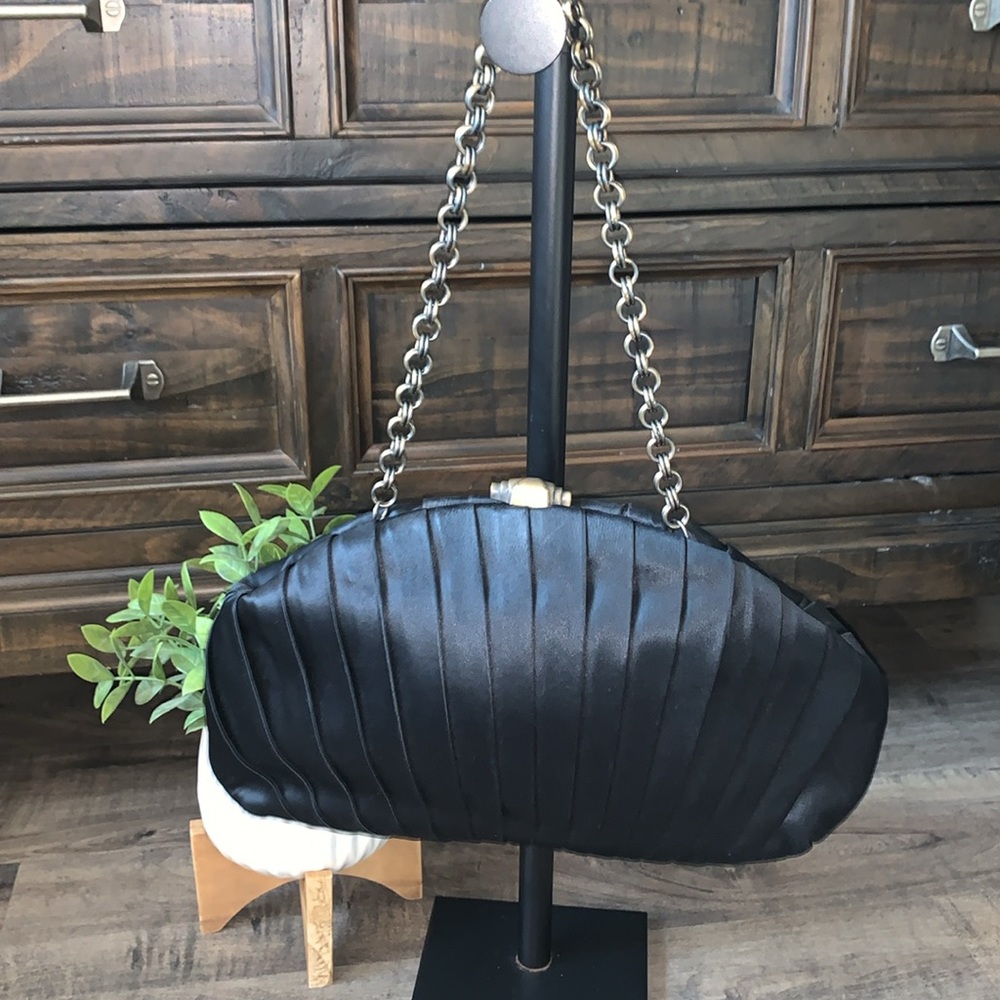 SHANGHAI TANG PLEATED BLACK FABRIC EVENING HANDBAG